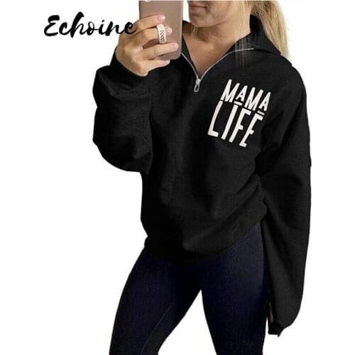 Black/White/Gray Mama Life Letters Print Zipper Sweatshirt 2020 Women Autumn Winter Turn-Down Neck Pullover Casual Sweatshirt