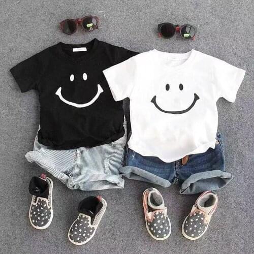 2020 Breathable Children Short Sleeve T-shirt Summer Little Boys Girls Smiling Face Pattern Round Collar Top Kids Casual Clothes