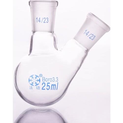 Two-necked flask oblique shape,with two necks standard grinding mouth,Capacity 25ml,Middle joint 14/23 and lateral joint 14/23