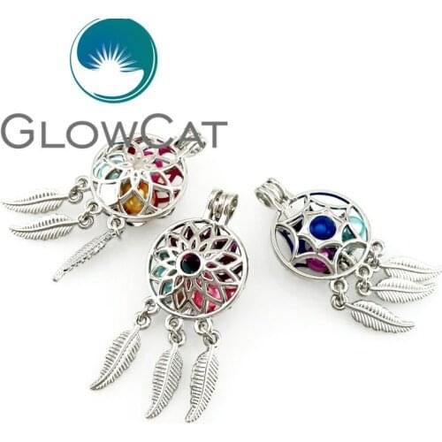 GLOWCAT 3X Dream Catcher Leaves Tassel Lotus Beads Cage Jewelry Making Essential Oil Diffuser Pearl Cage Locket Pendant 22162