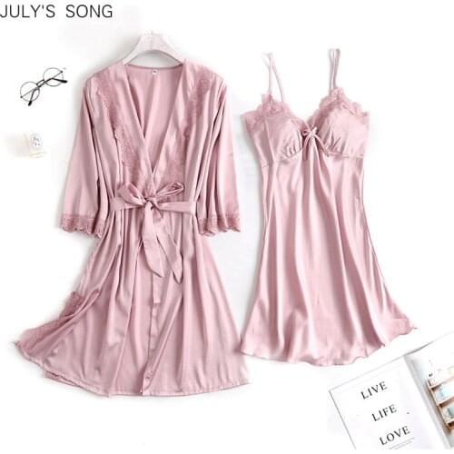 JULYS SONG New Women Sexy Lace Silk Robe & Gown Set Pajamas Set Sleep Dress Bathrobe 2 Piece Robe Bridesmaid Wedding Sleepwear