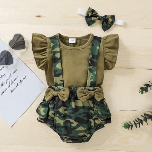 Baby Girls Clothes Set, Sleeveless O-neck Romper+Camouflage Suspender Shorts+Bow-knot Headband