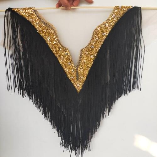 Black Double sided side wedding embroidered collar with beaded tassels appliques neckline with fringe
