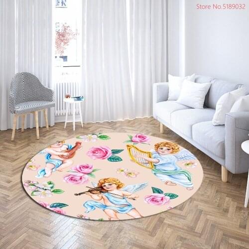 Angel Cartoon Round Carpet for Living Room Bedroom Rose Print Area Rugs Table Computer Rugs 3D Print Floor Mats Kids Sitting Mat