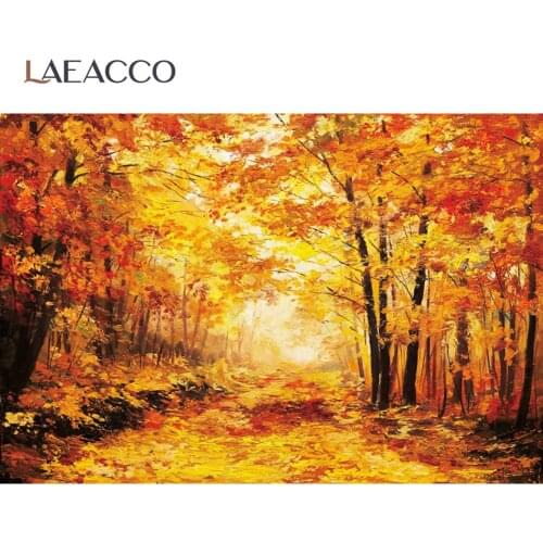 Laeacco Natural View Scene Yellow Autumn Fallen Leaves Tree Forest Garden Photophone Photo Background Photo Backdrop Photostudio