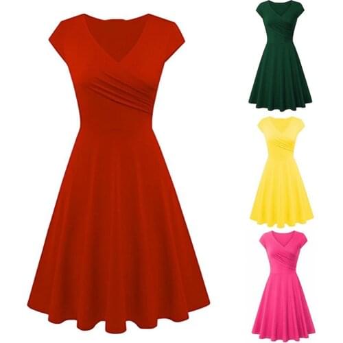 Fashion Women Solid Color V Neck Short Sleeve Plated Swing Party Banquet Dress Dresses Woman Summer 2021
