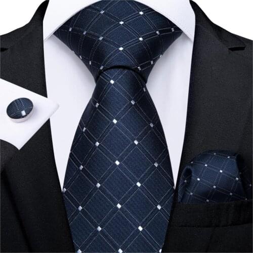 Mens Necktie Blue White Plaid Silk Wedding Tie For Men Handky Cufflinks Set Fashion Business Party DiBanGu New Designer MJ-7217