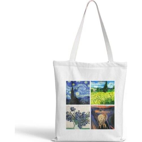 New Van Gogh Shopping Bag Female Funny Large-capacity Bag Splicing Graphic Tote Harajuku Shopper Bag Women Canvas Shoulder Bag