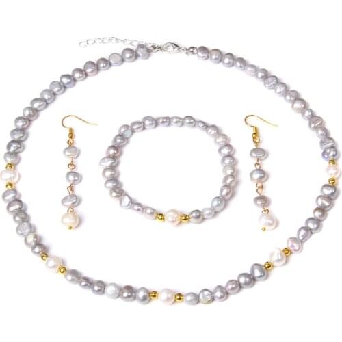 Necklace Earings Bracelet Jewelry Set Natural Freshwater Gray Baroque Pearls Beads Drop Pendant Earrings For Women Wedding Gifts