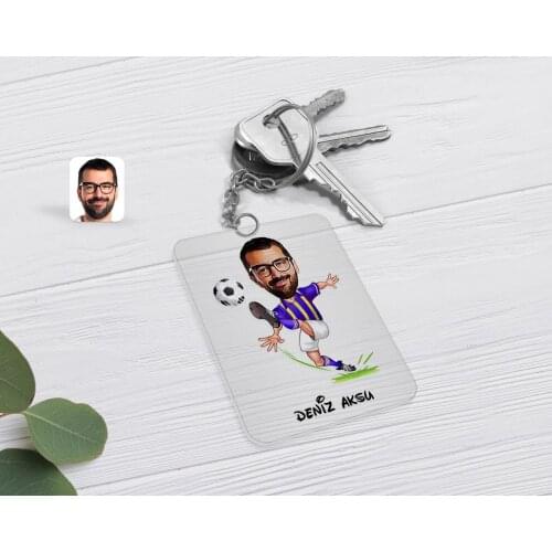 Personalized Men 'S Yellow Navy Blue Football Player Caricature Of Transparent Plexiglass Anahtarlık-1