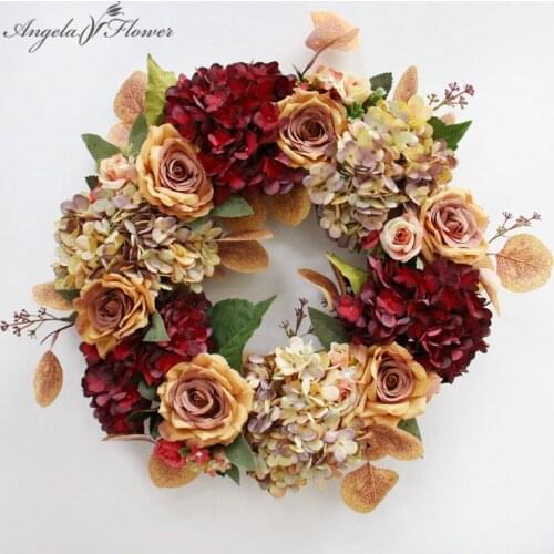 Retro Large Hydrangea Mix Rose Plants Wreath Artificial Flower Garland Door Wall Hanging Pendant Wedding Party Home Decor Gifts