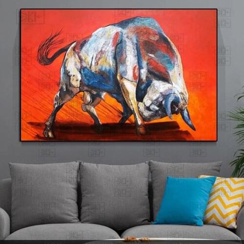 Modern Abstract Animals Oil Painting Print On Canvas Wall Art Posters Decorative Doodle Bull Pictures for Living Room Decoration