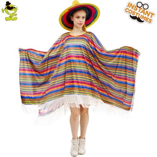 Unisex Women Mexican Style Rainbow Poncho Costume Festive Celebrations Family Carnival Party Colorful Striped Cosplay for Adult