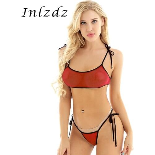 Womens Erotic Mini Bikini Lingerie Set See Through Sheer Swimwear Self-tie Micro Bra Top with G-String Thong Briefs Underwear