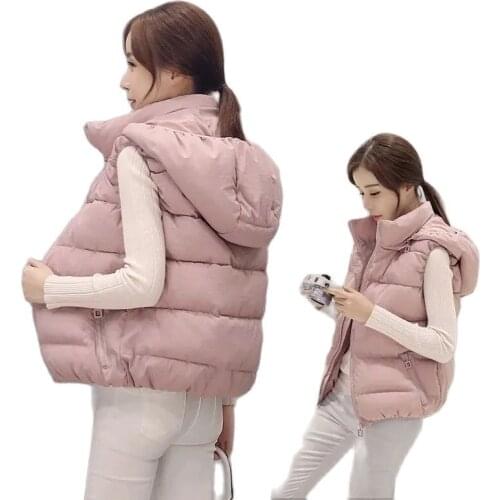Womens Down Cotton Vest 2021Autumn Winter New Female student Korean Short Jackets Removable Hooded Loose Comfortable Lady Coats