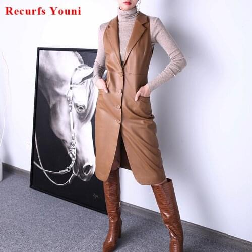 Jackets For Women 2021 New French Style Female Sleeveless Wrap Dress Long Skirt Vest Genuine Leather Caramel Gilet Chaleco Mujer