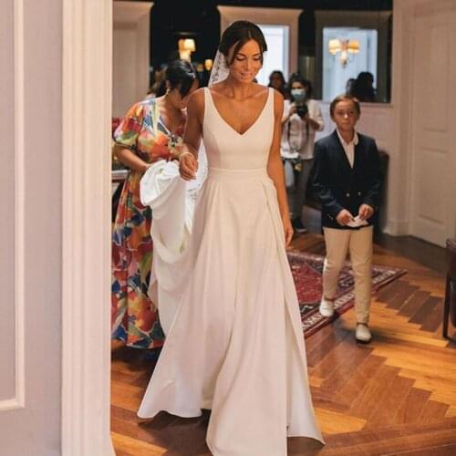Simple A Line Satin Vestido De Novia Wedding Dresses Detachable Train V Neck Bridal Gowns 2021