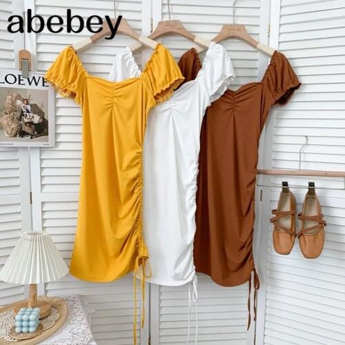 Fashion Square collar short sleeve Dress drawstring bandage high waist pleated solid short Dress 2021 New Summer Women