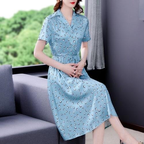 Summer Office Lady Vintage Print 4XL Dress Casual Women Mulberry Silk Satin Beach Midi Dress 2021 Elegant Bodycon Party Vestidos
