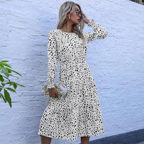 2021 Spring Summer New Light Mature Leopard Print Halter Long Sleeve Dress Women Fashion O Neck Loose All Match Long Dresses