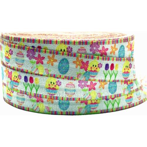 10 yards 5/8" Easter egg Flower Chick Print Fold Over Elastic Wholesale FOE Ribbon for DIY Headwear Hair Accessory