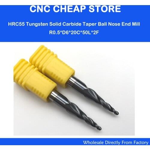 2pcs R0.5*20*D6*50L Real hrc55 2 flutes tungsten carbide tapered ball nose end mill milling cutter CNC engraving router bits