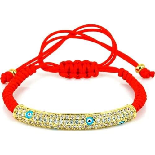 Famous Brand Macrame Bracelet White Zircon Pave CZ Charm Long Tube Bar Bead Red String Evil Eye Bracelet for Women