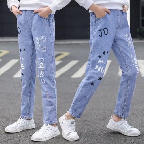 Kids Denim Trousers Childrens Clothing Casual Fashion Slim Jeans With Star Letter Print Ripped Pants for Teen Girls 4 To 14Yrs