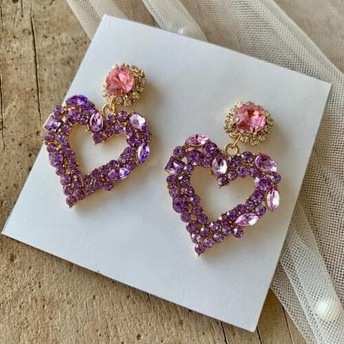 Dvacaman Fashion High Quality Purple Color Full Rhinestone Love Heart Drop Dangle Earrings for Women S925 Silver Needle Jewelry