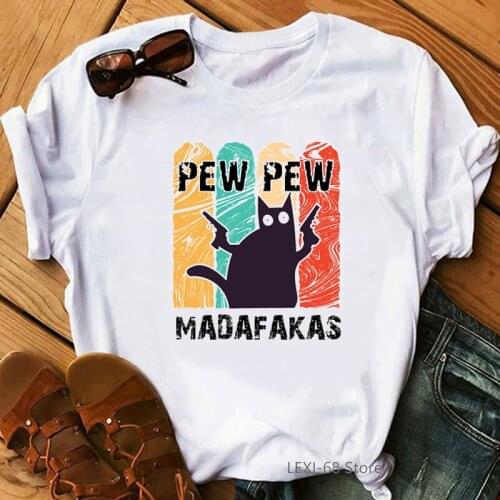 Vintage Funny Cat Pew Pew Madafakas animal print t-shirt women graphic tshirts harajuku kawaii clothes t shirt female