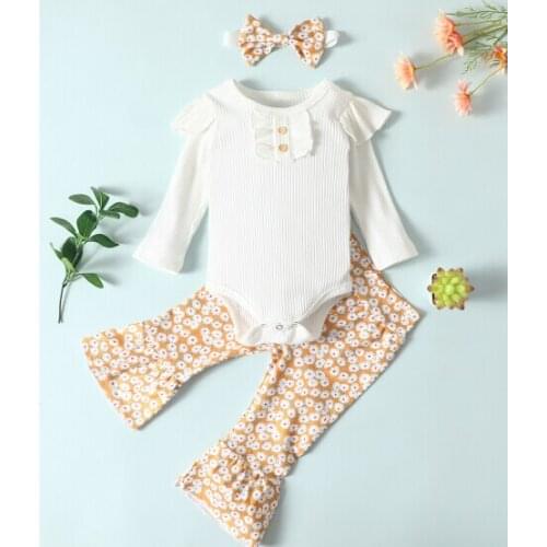 Babys Clothing Set, Long Sleeve Romper and Print Daisy Pants and Headwear Three-piece Suit for Toddler Boys Girls