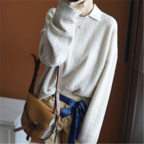Korean style pure cashmere thcik knit women low Oneck loose solid pullover sweater beige 4color S-L
