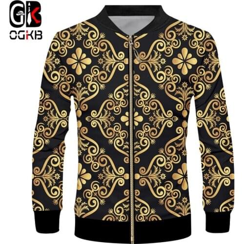 OGKB Baroque Court Style Zipper Jackets Mens 3d Print Crown Golden Flower Luxury Coat Men Women Plus Size Pullover Tracksuits