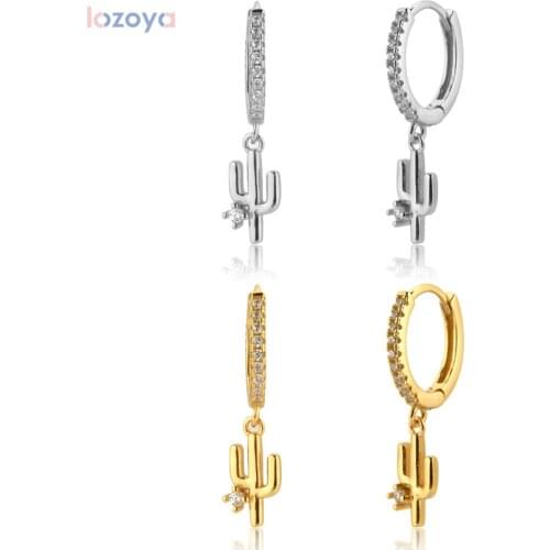 LOZOYA 925 Sterling Silver Gold Cactus Dangle Zircon Rock Crystal CZ Drop Earring Piercing Luxury Punk European Jewelry