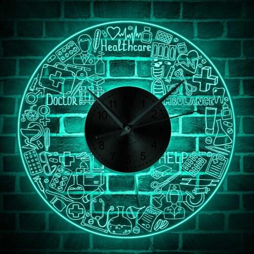 Healthcare Hospital Deco LED Backlight Modern Wall Clock Heartbeat Nurse Doctor Gift Stethoscope Medicine Multi-color Wall Light