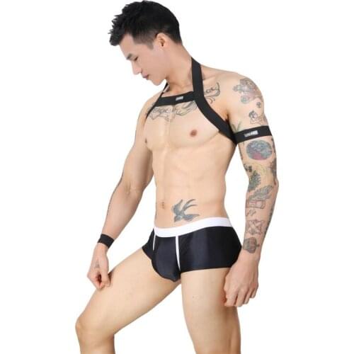 Mens Body Chest Belt Lingerie Harness Boxers Set Elastic Shoulder Bondage Sexy Underwear hombre Costume With Arm Band