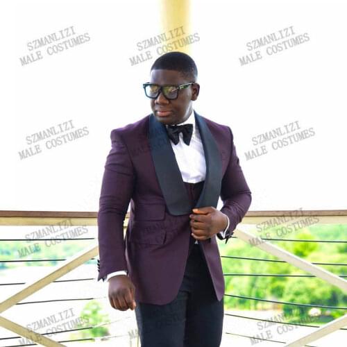New Arrival Burgundy Men Suits Costume Homme Groom Tuxedo Prom Party Shawl Lapel Slim Fit Men Wedding Blazer Terno Masculino