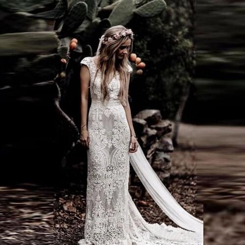 Wholesale Graceful Lace Cap Sleeves Bride Wedding Dresses Plunge V Neckline Backless Wedding Gowns for Bride Court Train 2020