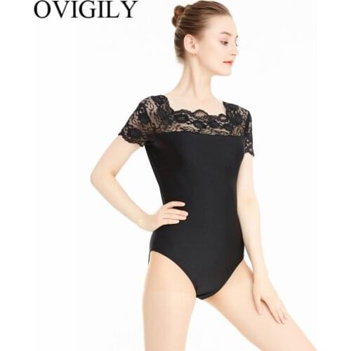OVIGILY Women Lace Short Sleeve Dance Leotard Adults Spandex Lycra Gymnastics Leotards Ballet Dancewear Bodysuits Girls Stage