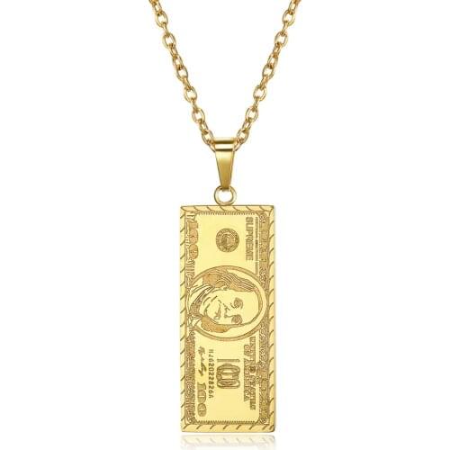 Gold Dollar Necklace Vintage Pendant Charms Stainless Steel Men Jewelry Hip Hop Chain US Dollar Bill Pendant Rich Men Necklace