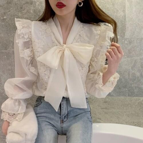 Butterfly Flower Women Ladies Tops Fashion Blusas Bow Neck Spring New Embroidered Lace Long Sleeve Women Blouse shirt 850C