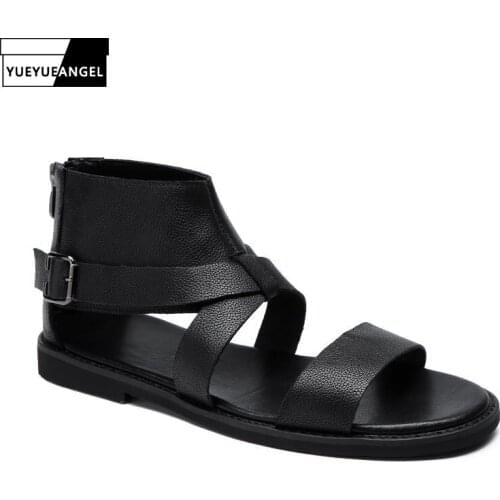 Summer Men Beach Sandals Breathable High Quality Leather High Top Casual Shoes Street Zipper Open Toe Outdoor Sandals Male