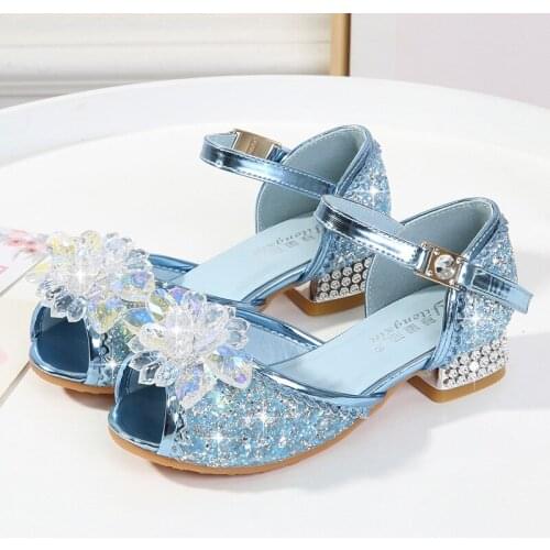 Rhinestone Flower Sandal For Girl Glitter Girl Sandals 2020 Square Heel Princess Summer Shoes 1.6#10/10D50