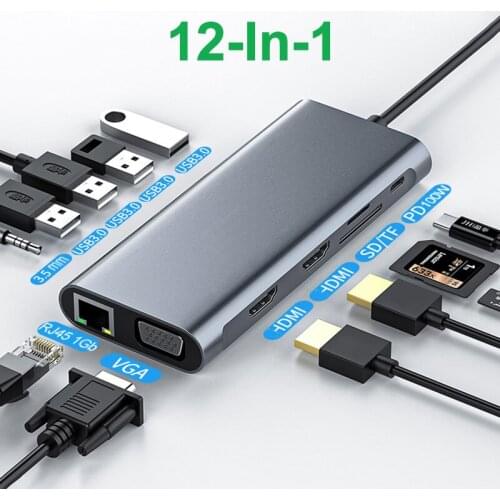 12 in 1 USB C Hub TF SD Card Reader For MacBook Pro Accessories With RJ45 VGA Hub USB 3.0 Dock Station HDMI-compatible Adapter