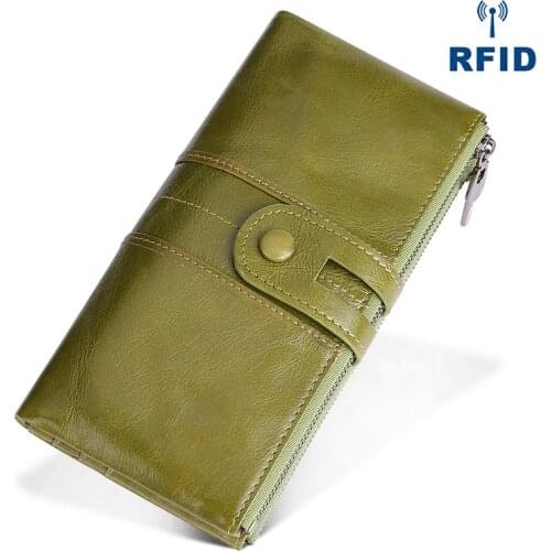 Retro Fashion Genuine Leather Womens Wallet Mobile Phone Change Hand Bag RFID Anti Theft Brush Long Wallet Unisex