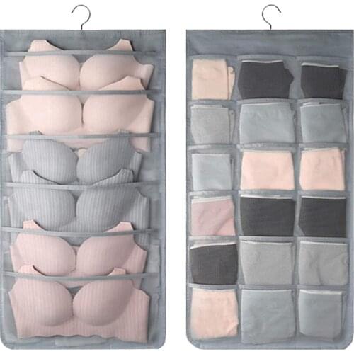 Clothes Storage Hanging Pocket Bag Non-woven Fabric Breathable Double-Side Organizer With Hanger for Bra Underwear Sock Storage