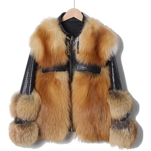 Retro Autumn Winter New Letter Patent Leather Stitching Whole Mink Red Fox Fur One Piece Short Fur Coat Woman Thick Warm Jacket