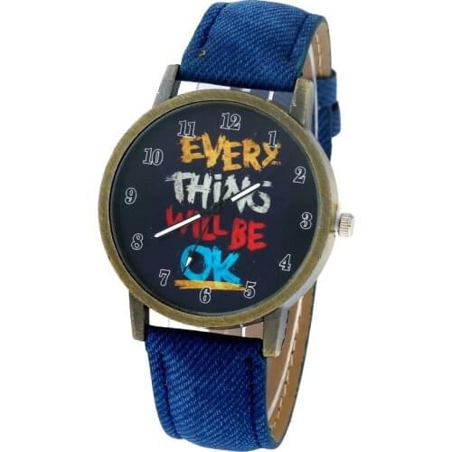 Gnova Women Watch casual wristwatch Everything Will Be OK black dial jeans PU Leather Reggae fashion Geneva style A9276