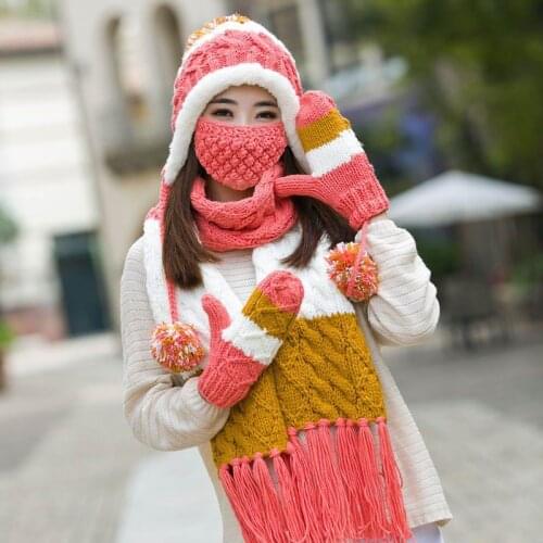 Kagenmo Womens Warm Winter Four Sets Cap Scarf Gloves Mask Thick Cotton Knit Inside Flannel Super Warm Fit For Cold Winter Area