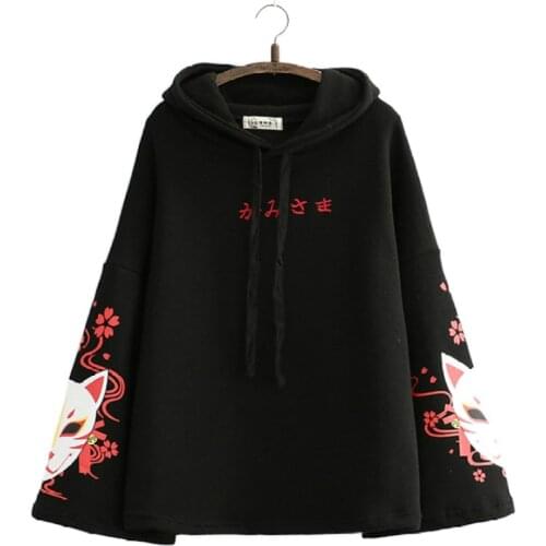 Women Hooded Sweatshirts Fleece Plus Velvet Cartoon Embroidery Hoodies 2020 Winter Flare Sleeve Sweet Style Pullover Tracksuits